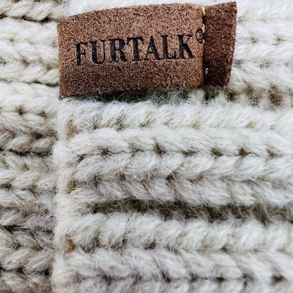 FURTALK WOMENS BEIGE ACRYLIC RIBBED KNIT BEANIE WITH FAUX FUR POM PON - Picture 2 of 10